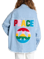 Women's raw edge denim jacket back lettered long sleeve jacket - 808Lush