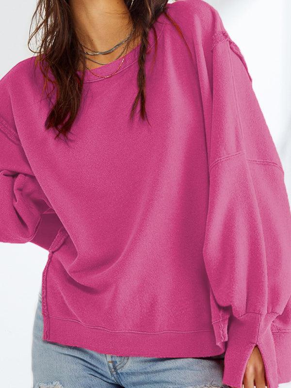 Women's round neck loose side slit long sleeve sweatshirt - 808Lush