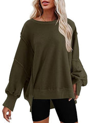 Women's round neck loose side slit long sleeve sweatshirt - 808Lush