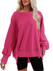 Women's round neck loose side slit long sleeve sweatshirt - 808Lush