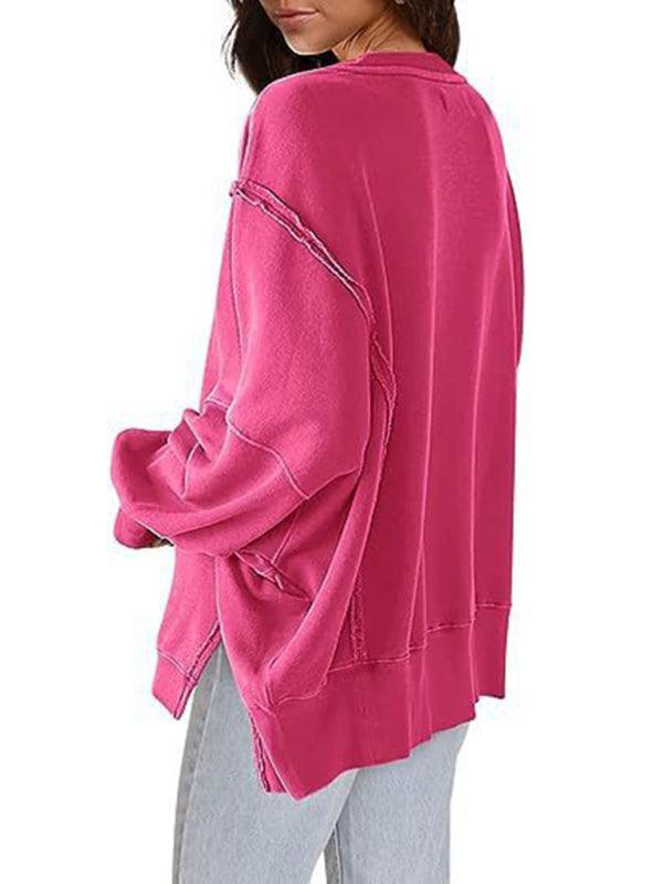 Women's round neck loose side slit long sleeve sweatshirt - 808Lush