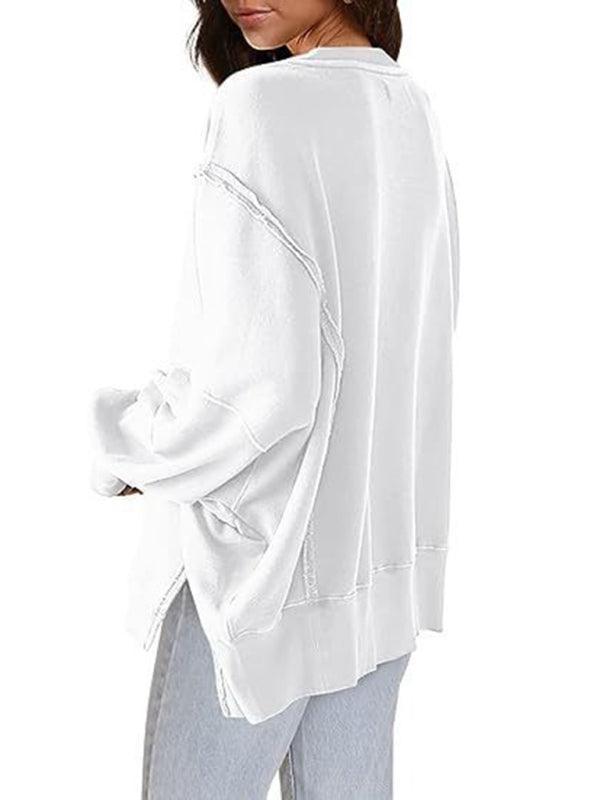 Women's round neck loose side slit long sleeve sweatshirt - 808Lush