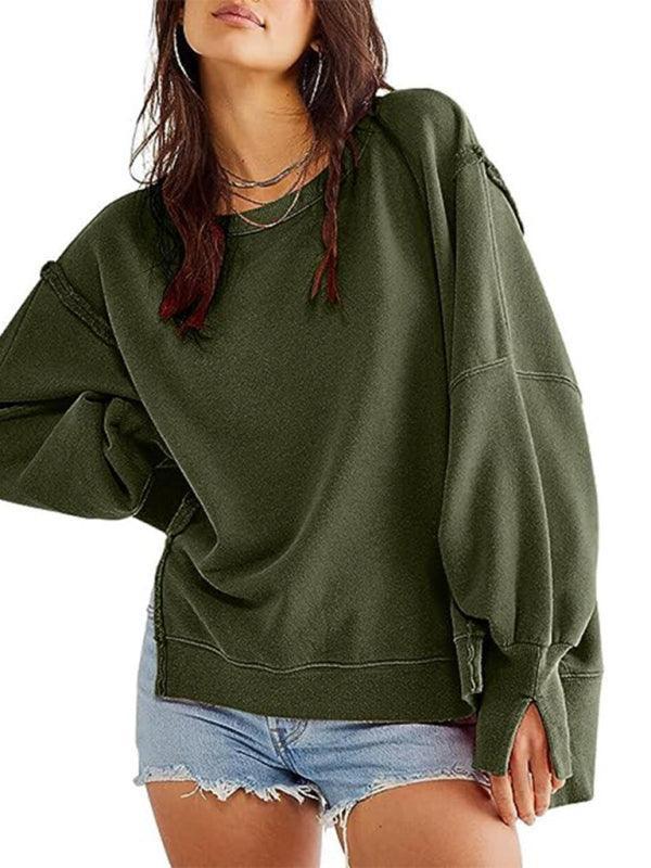 Women's round neck loose side slit long sleeve sweatshirt - 808Lush