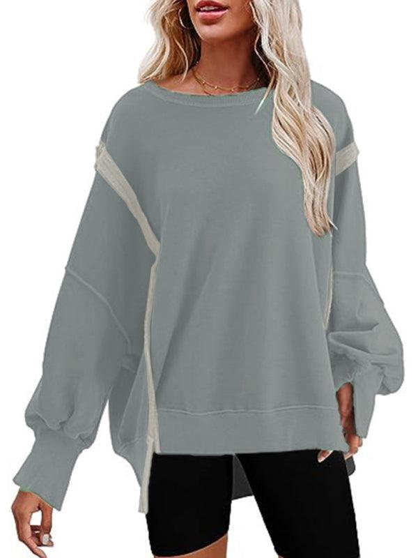 Women's round neck loose side slit long sleeve sweatshirt - 808Lush