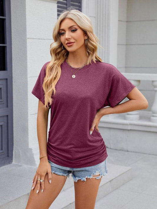 Women's round neck pleated short-sleeved loose T-shirt top - 808Lush
