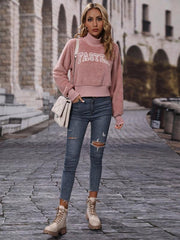 Women's round neck pullover long sleeve letter embroidered ice cream pink sweatshirt - 808Lush