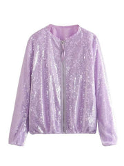 Women's round neck sequined motorcycle bomber jacket tops women's baseball uniform - 808Lush