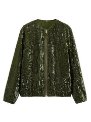 Women's round neck sequined motorcycle bomber jacket tops women's baseball uniform - 808Lush