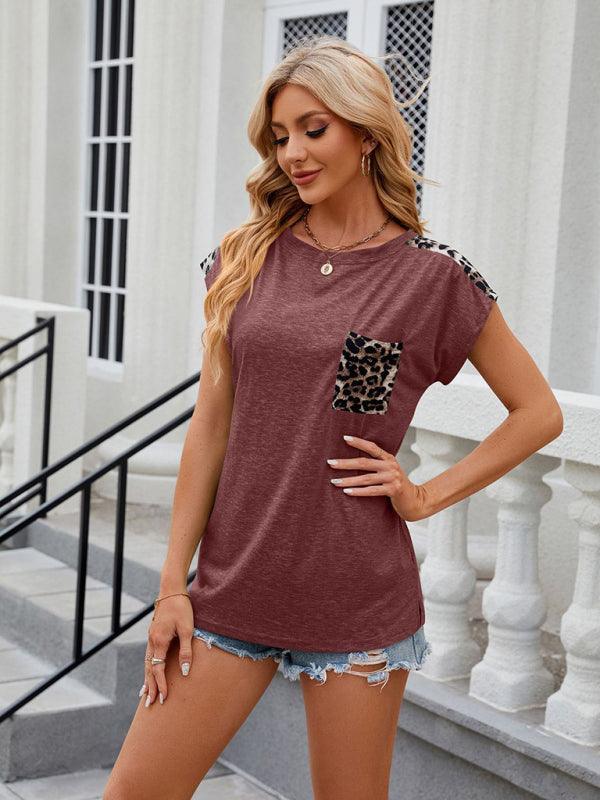 Women's round neck short-sleeved leopard print pocket casual T-shirt - 808Lush