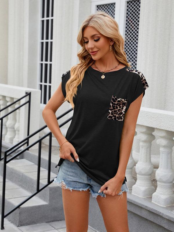 Women's round neck short-sleeved leopard print pocket casual T-shirt - 808Lush