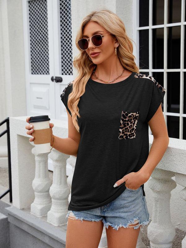 Women's round neck short-sleeved leopard print pocket casual T-shirt - 808Lush