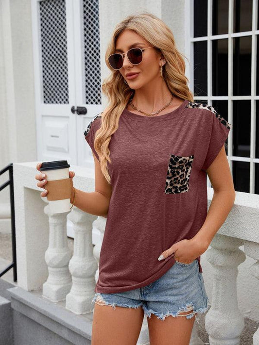 Women's round neck short-sleeved leopard print pocket casual T-shirt - 808Lush