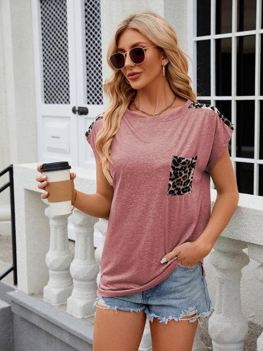 Women's round neck short-sleeved leopard print pocket casual T-shirt - 808Lush