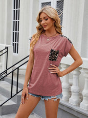 Women's round neck short-sleeved leopard print pocket casual T-shirt - 808Lush