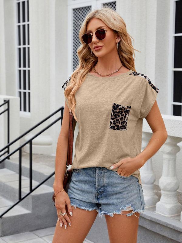 Women's round neck short-sleeved leopard print pocket casual T-shirt - 808Lush