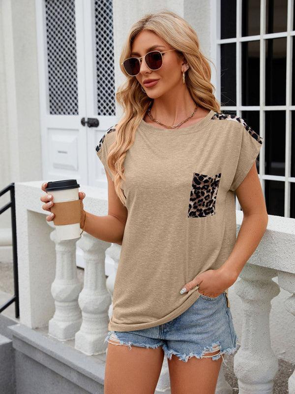 Women's round neck short-sleeved leopard print pocket casual T-shirt - 808Lush