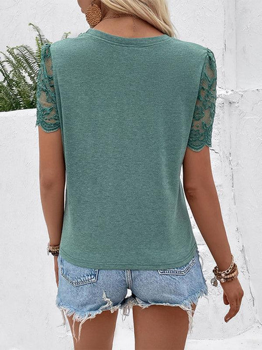 Women's round neck sleeves patchwork lace knotted T-shirt - 808Lush