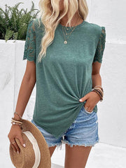 Women's round neck sleeves patchwork lace knotted T-shirt - 808Lush