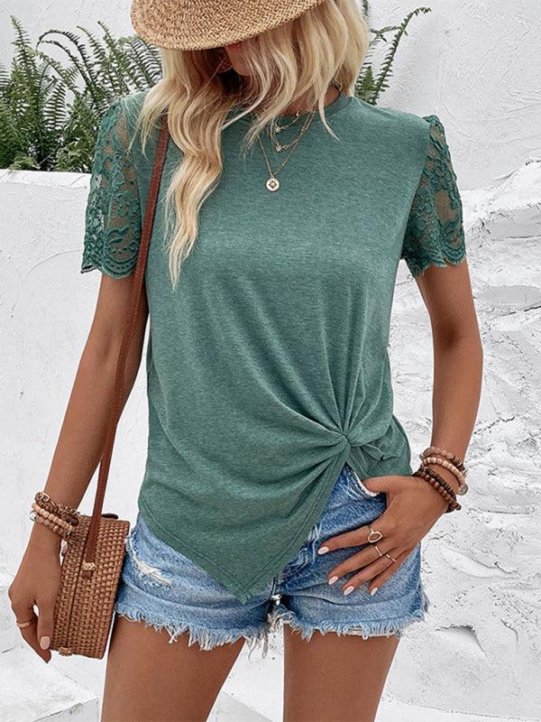 Women's round neck sleeves patchwork lace knotted T-shirt - 808Lush