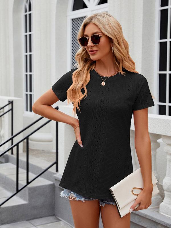 Women's round neck slit short sleeve loose T-shirt top - 808Lush