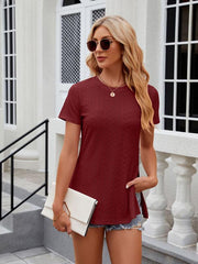 Women's round neck slit short sleeve loose T-shirt top - 808Lush