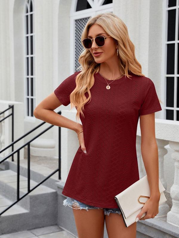 Women's round neck slit short sleeve loose T-shirt top - 808Lush