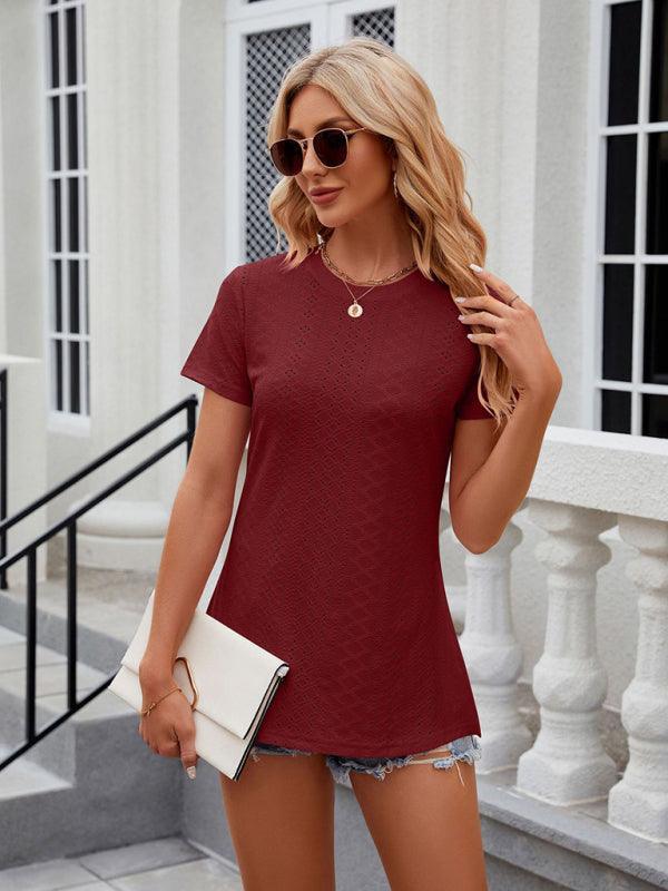 Women's round neck slit short sleeve loose T-shirt top - 808Lush