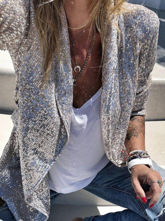Women's sequined long-sleeved mid-length lapel blazer - 808Lush