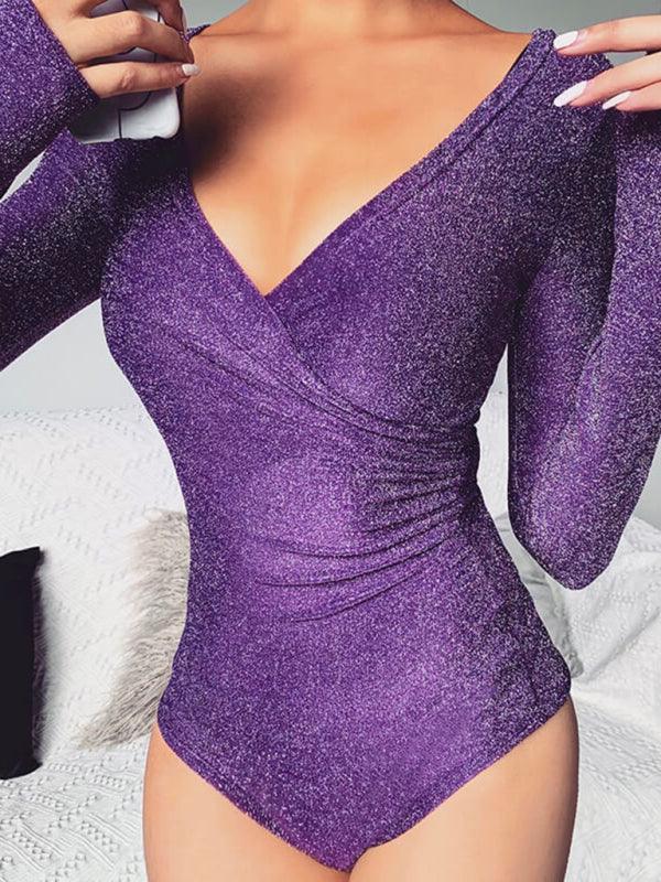 Women's sexy V-neck bright silk slim long-sleeved Bodysuit - 808Lush