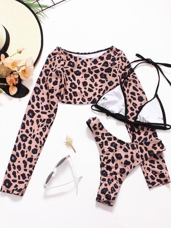 3 Piece Bikini Set leopard print long-sleeved - 808Lush