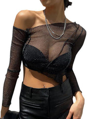 Women's sexy oblique shoulder long-sleeved mesh see-through crop top - 808Lush