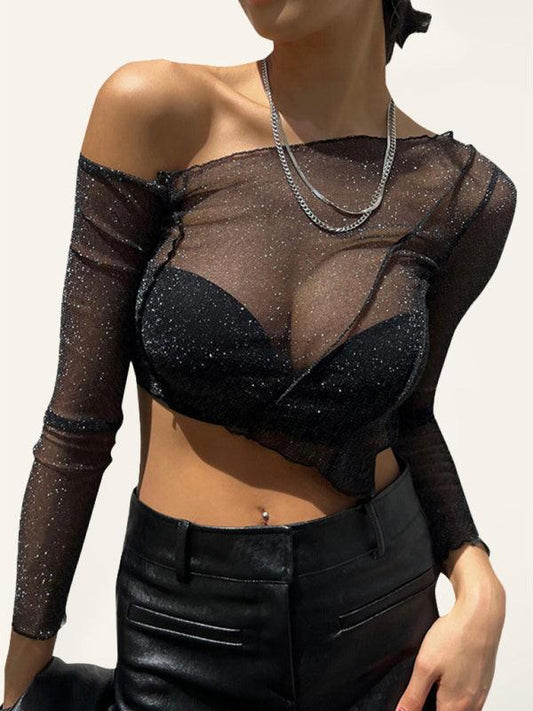 Women's sexy oblique shoulder long-sleeved mesh see-through crop top - 808Lush