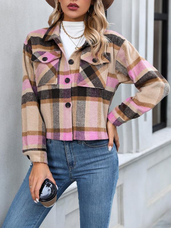 Women's short casual plaid button coat - 808Lush