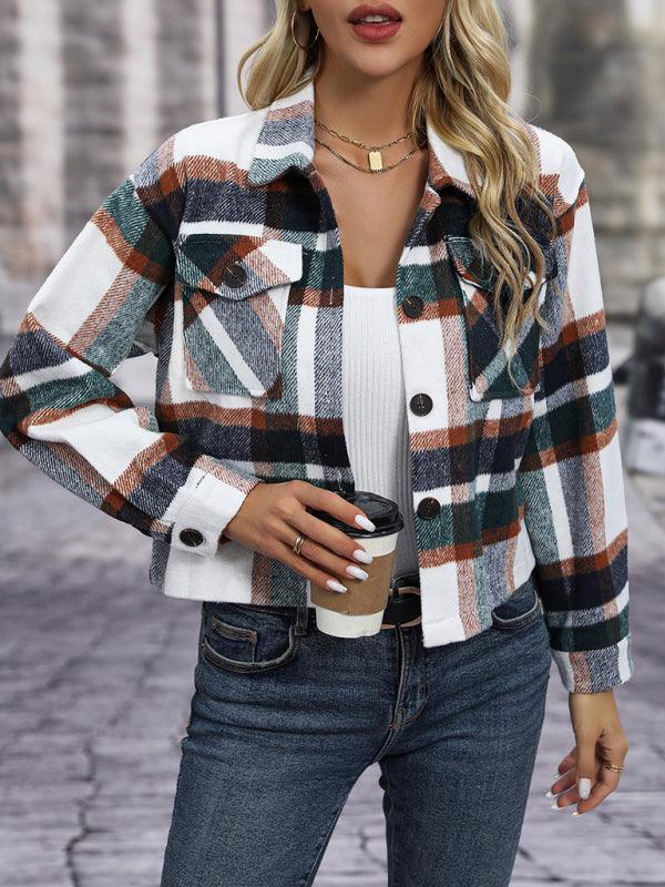 Women's short casual plaid button coat - 808Lush