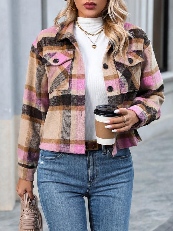 Women's short casual plaid button coat - 808Lush