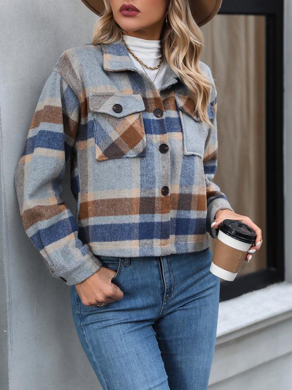 Women's short casual plaid button coat - 808Lush