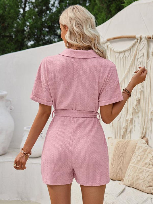 Women's short-sleeved lace-up lapel jacquard knitted solid color short jumpsuit - 808Lush