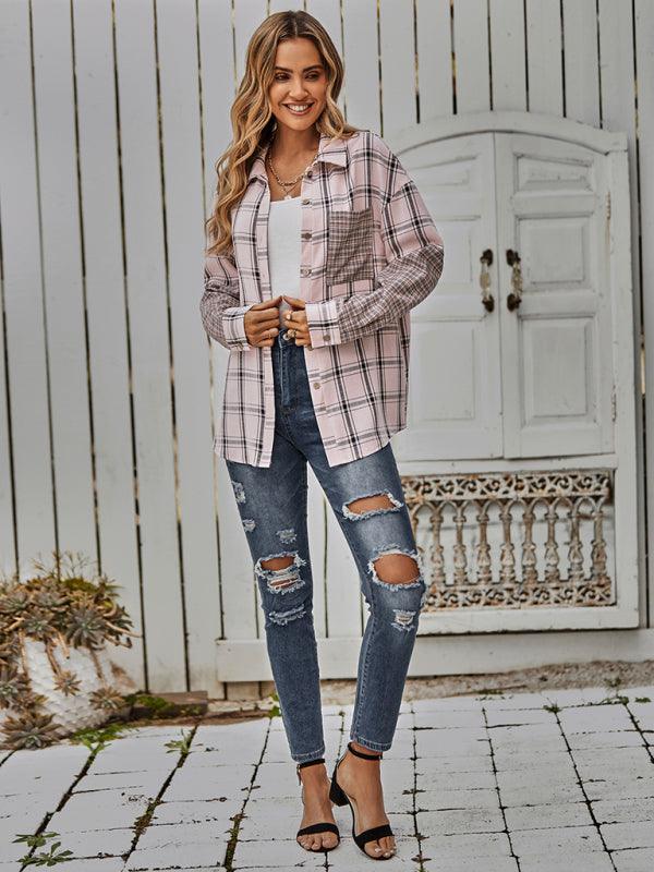 Women's single breasted Plaid stitched shirt - 808Lush