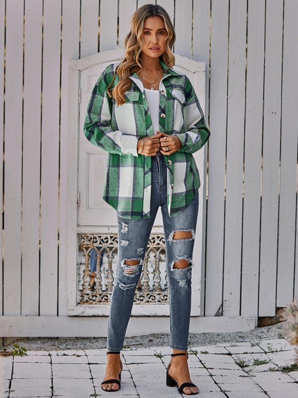 Women's single breasted casual plaid belt jacket - 808Lush