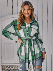 Women's single breasted casual plaid belt jacket - 808Lush