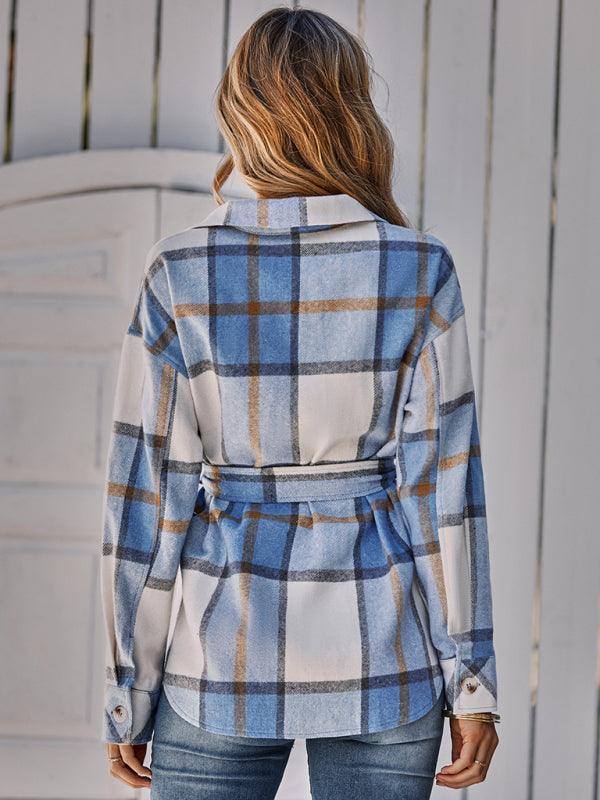 Women's single breasted casual plaid belt jacket - 808Lush