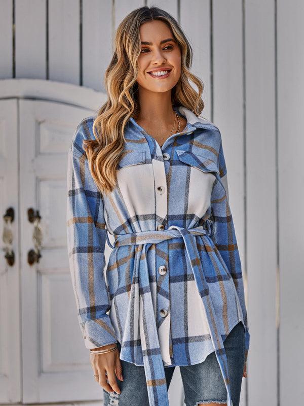 Women's single breasted casual plaid belt jacket - 808Lush