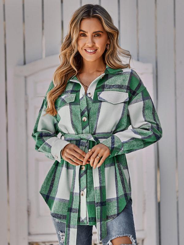 Women's single breasted casual plaid belt jacket - 808Lush