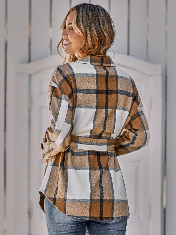 Women's single breasted casual plaid belt jacket - 808Lush