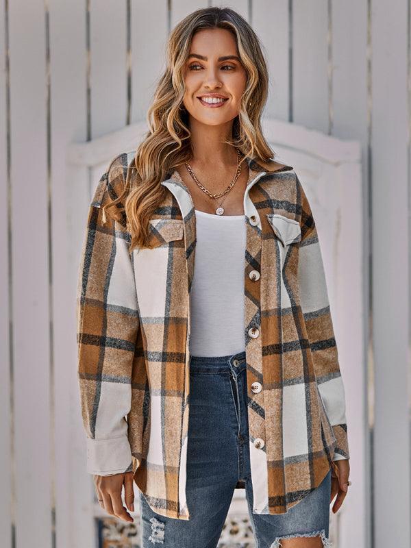 Women's single breasted casual plaid belt jacket - 808Lush