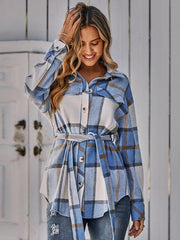 Women's single breasted casual plaid belt jacket - 808Lush