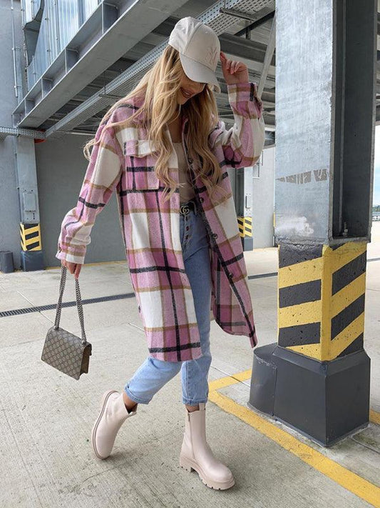 Women's single-breasted plaid long-sleeved jacket - 808Lush