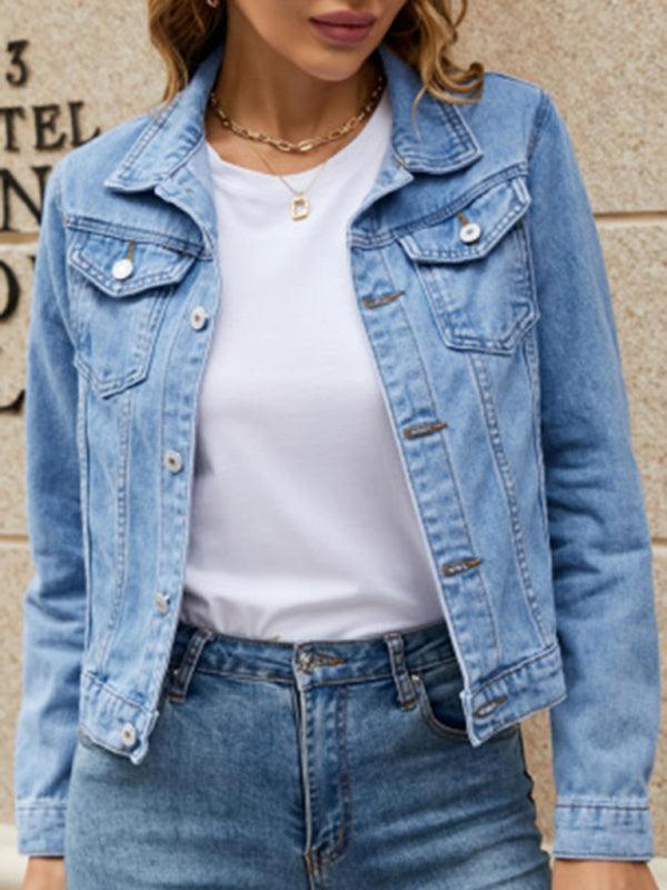 Women's slim lapel regular denim jacket - 808Lush