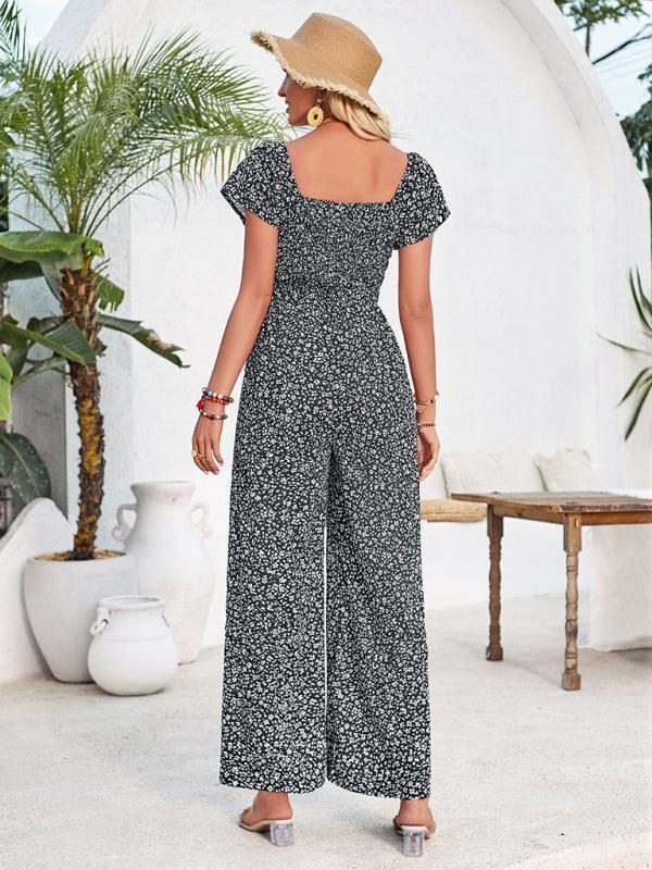 Women's small floral print round neck jumpsuit - 808Lush