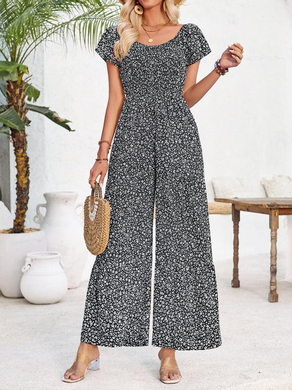 Women's small floral print round neck jumpsuit - 808Lush